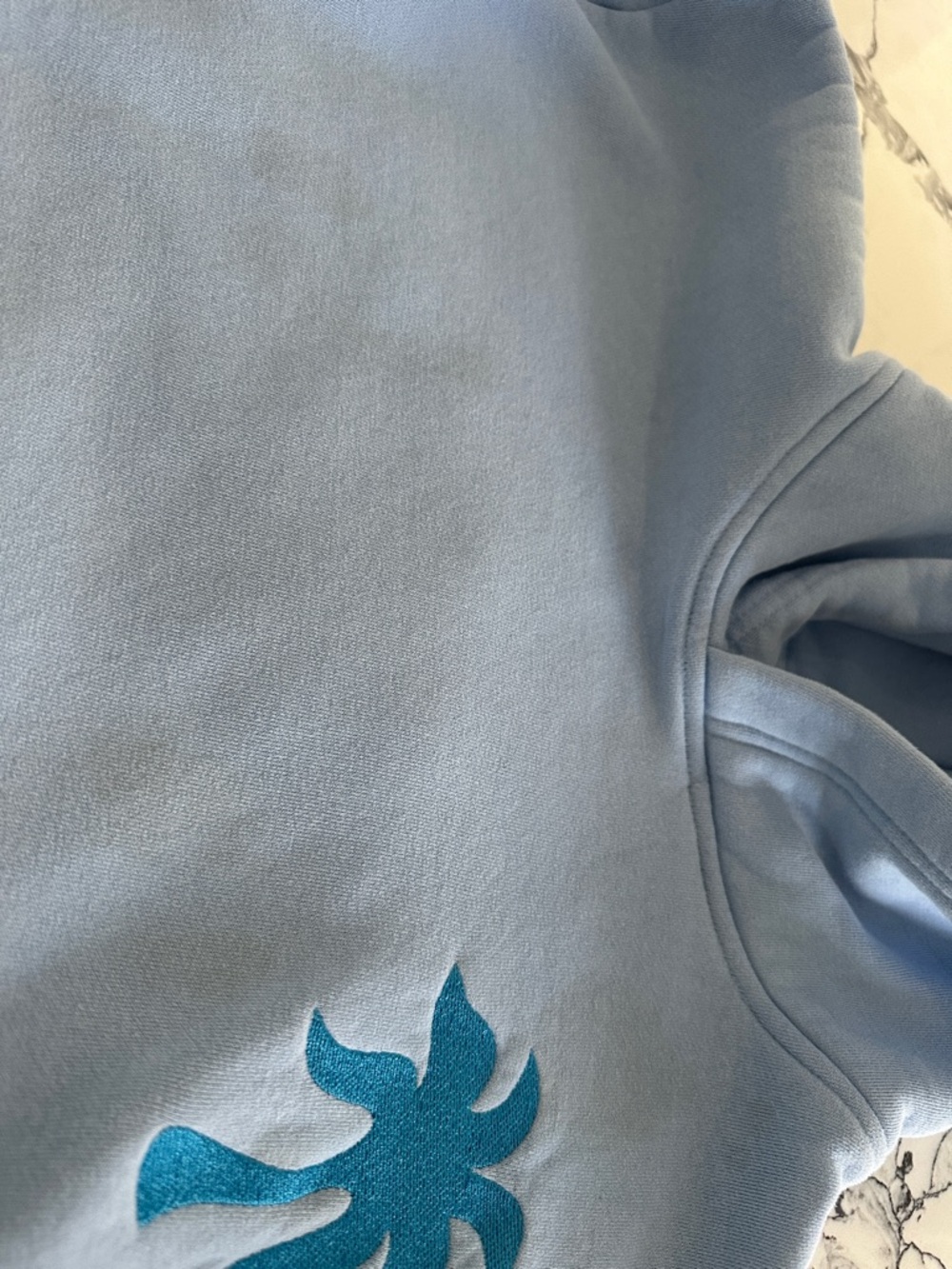 Light Blue Hoodie w Aqua Graphic "Everything Comes in Waves" Pink Palm Puff XXS - Picture 5 of 5